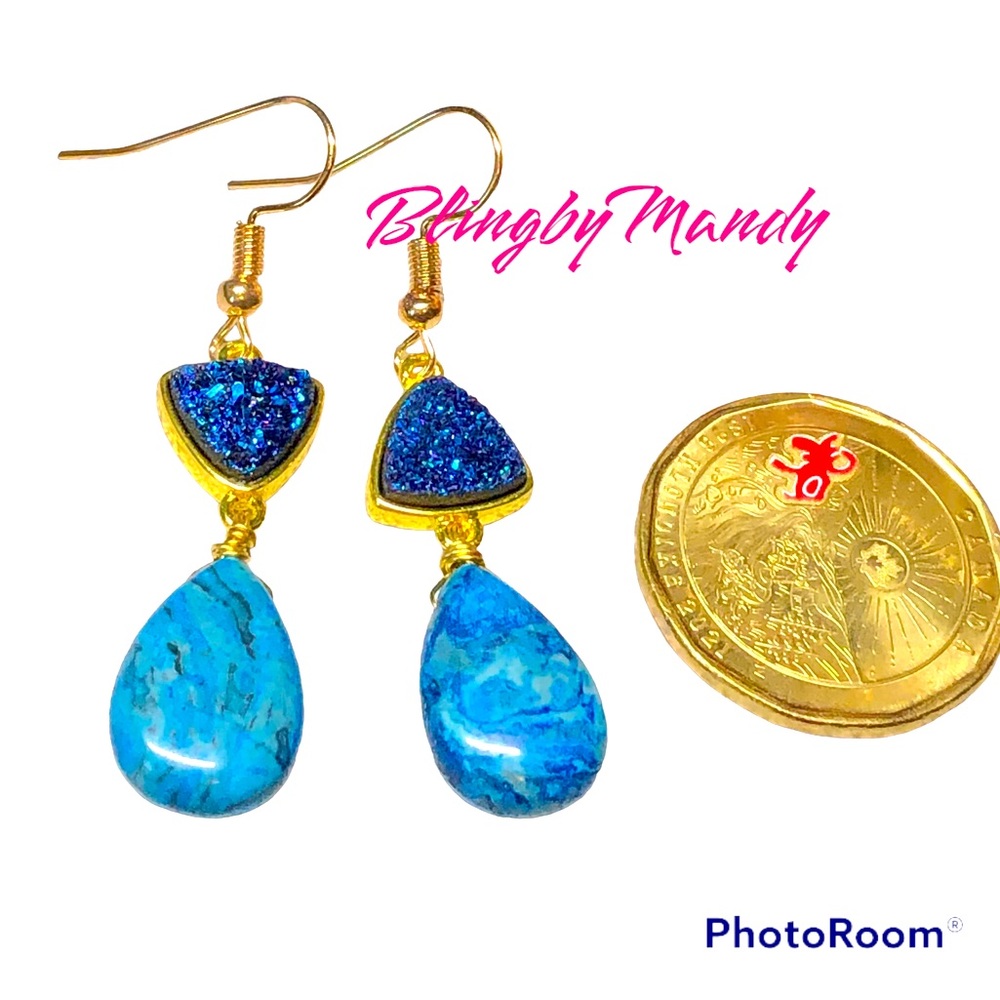 Pretty crazy lace and created druzy-blue and gold earrings